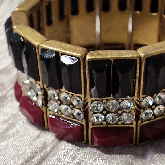 J. Crew Baguette Acrylic Black Merlot Rhinestone Stretch Bracelet Oxidized Brass - Picture 6 of 9